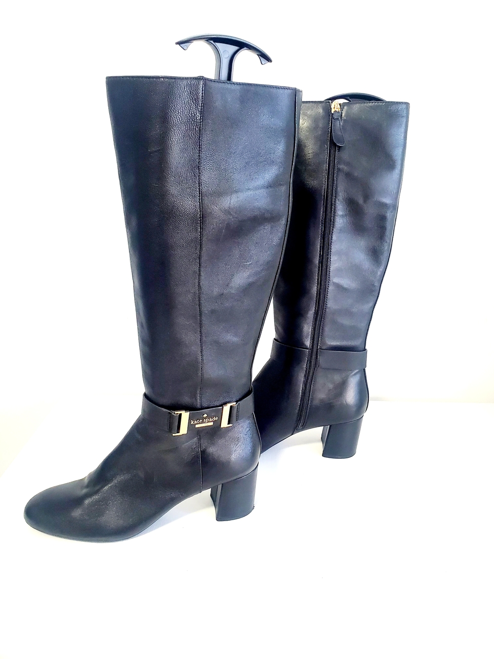 kate spade Black Knee-High Leather Boots with Gold Buckle Size 10M - Picture 3 of 9